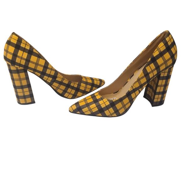Just Fab Heels Mustard Yellow Bold Plaid Chunky 4" Heels Pointy Toes Size 7.5 - Picture 6 of 14